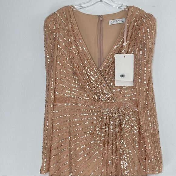 Mac Duggal 5715 Sequin Wrap-Over Long-Sleeve Embellished Gown, Rose, Size 10 - Picture 4 of 11